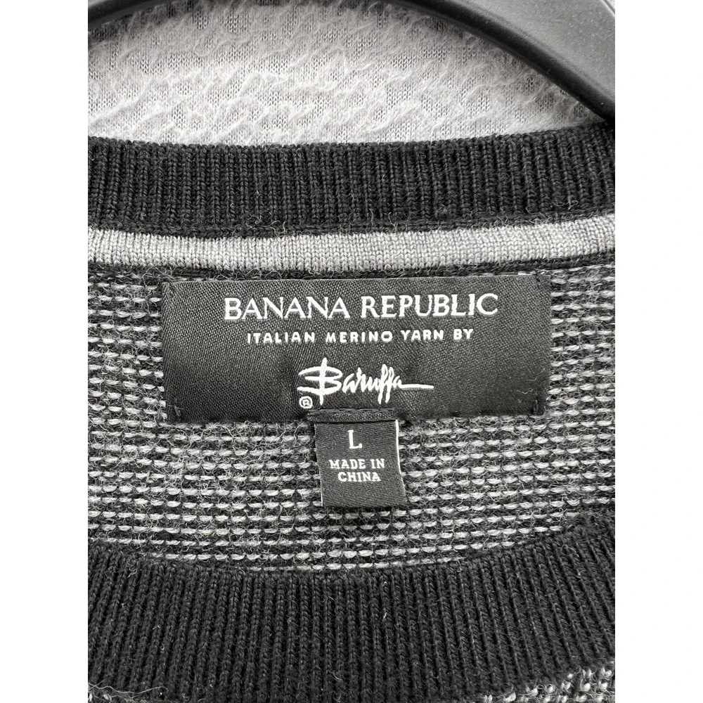 Banana Republic Sweater Mens Large Italian Merino Wool Crewneck Grey Black Knit